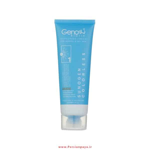 کرم ضد آفتاب سانوژن بی رنگ ژنوبایوتیک Genobiotic (مناسب پوست خشک) SPF50 حجم 50 میلی لیتر